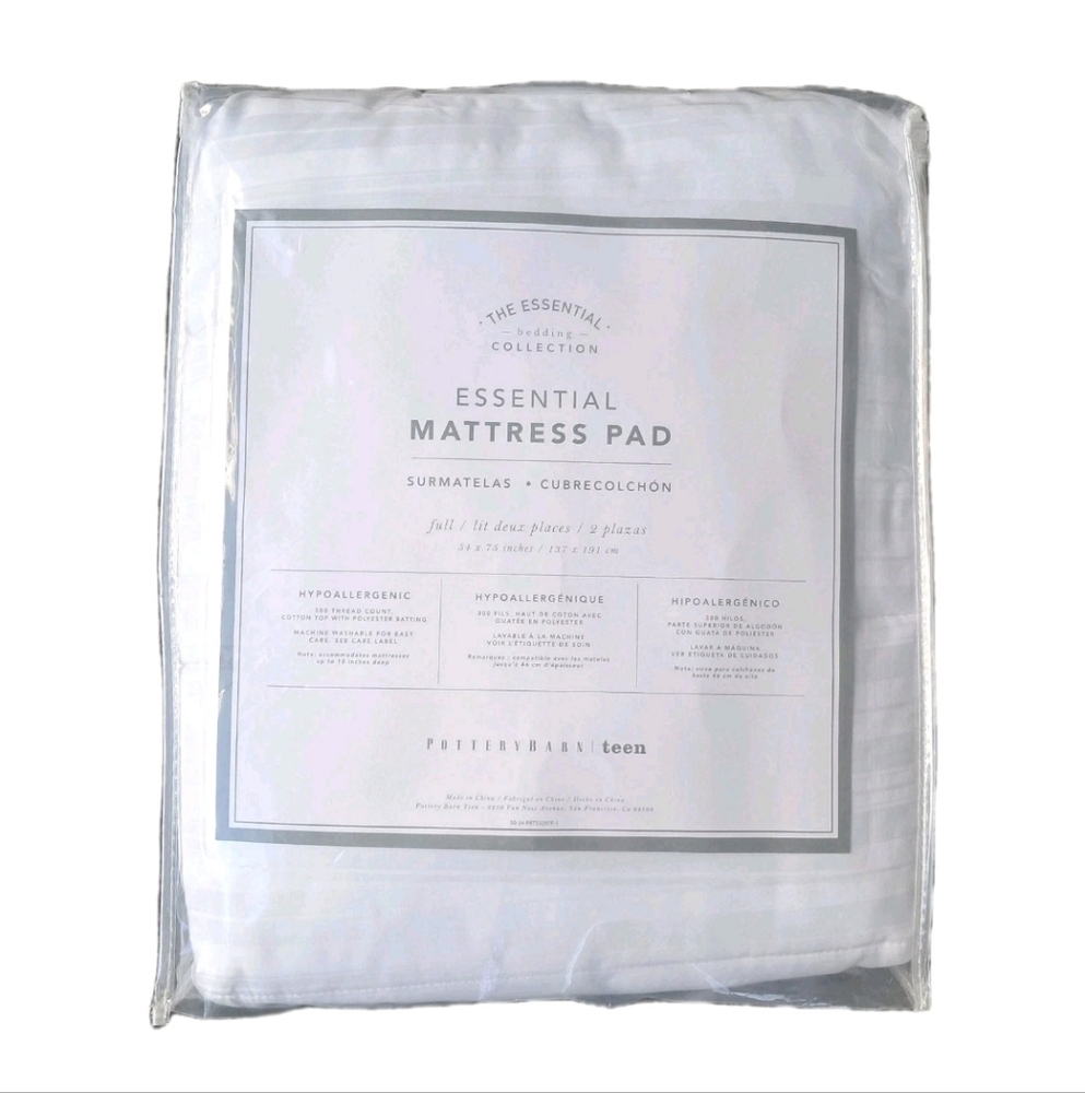 Pottery Barn Teen Essential Mattress Pad Cover Full NWT White Hypoallergenic